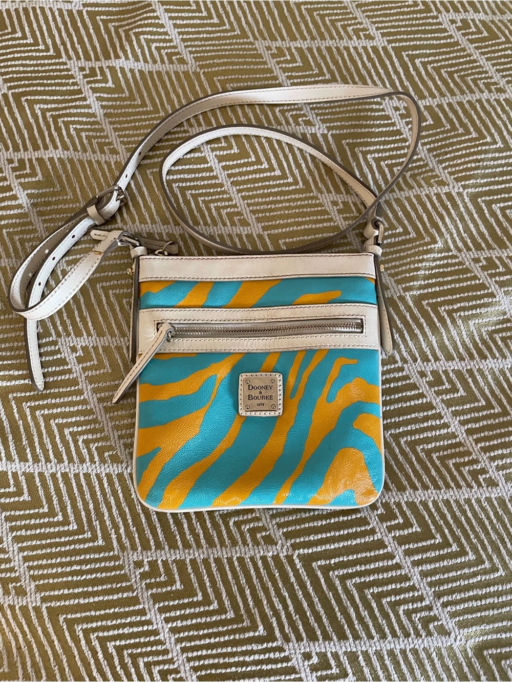 Dooney & Bourke Turquoise and Yellow Zebra-Print Crossbody with Cream Trim